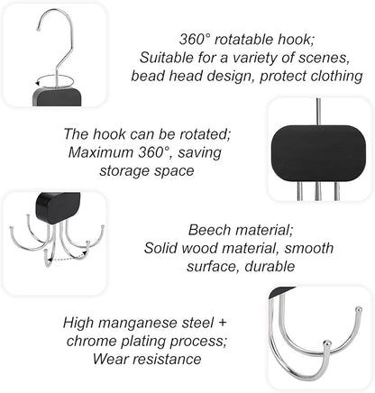 2pcs Belt Hanger for Wardrobe Closet, 360°Rotatable Belt Organizer Holder with 6 Hooks Each Space-Saving Tie Rack Metal & Wood Bra Storage Accessories for Tank Top Scarf Hat Purse (Black)