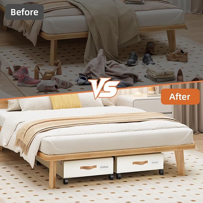 Somdot Under Bed Storage with Wheels, 2 Pack Bed Storage Containers with Dividers & Clear Lids, Easy Pull-out Metal Drawer for Clothes, Shoes,Toys, Blankets (Beige)