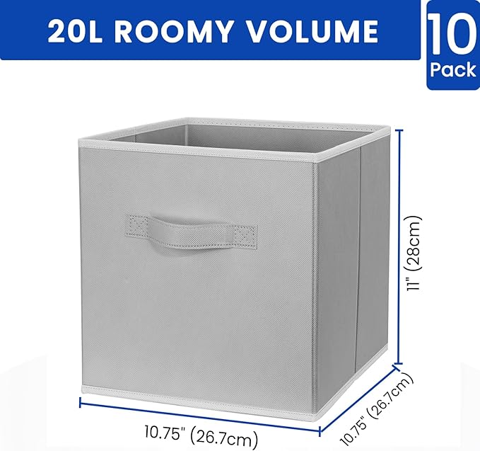 Criusia Storage Cubes, 11 Inch Cube Storage Bins for Shelves (10 Pack), Fabric Collapsible Storage Bins with Dual Handles, Foldable Cube Baskets for Clothes, Closet Organizers and Storage Box (Grey)