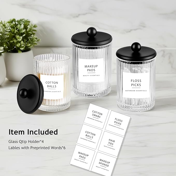 SheeChung 4-Pack Black Ribbed Glass Qtip Holder - Apothecary Jars Bathroom Organizer Set with Lids - Vanity Storage Canisters for Cotton Balls, Pads, Swabs, Floss Picks - Modern Farmhouse