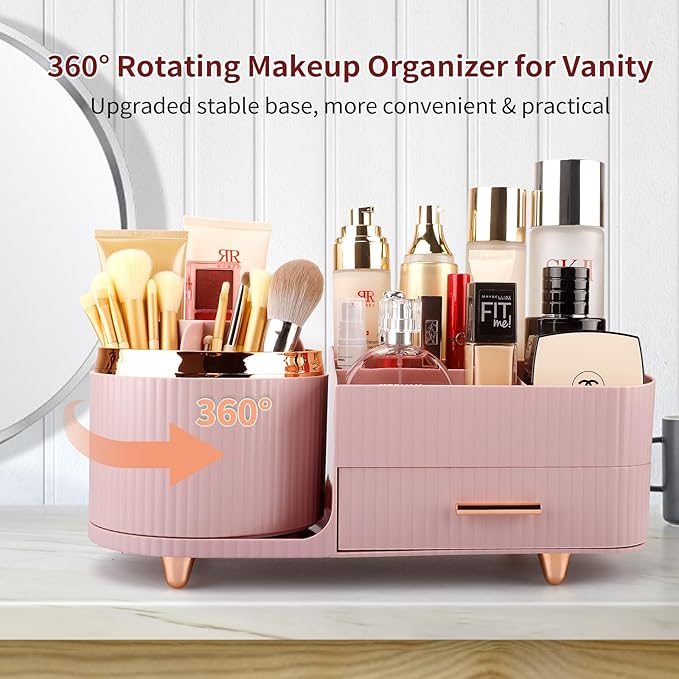 Molutsody Makeup Organizer for Vanity, Cosmetic Display Case with Drawers, Fits Makeup, Skincare Products, Brushes, Lipsticks, and Other Accessories, Versatile Storage Solution (Pink)