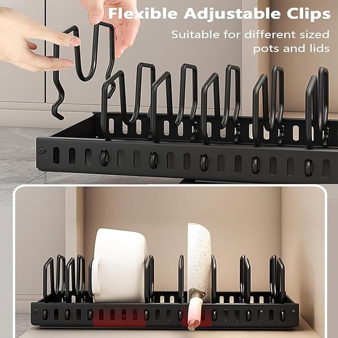 AmoiChic 2 Pack Pull Out Cabinet Organizer for Pots and Pans, Black Storage Rack with 8 Adjustable Dividers, Kitchen Cabinet Organizer for Pot Lids, Bakeware, Dishes Storage