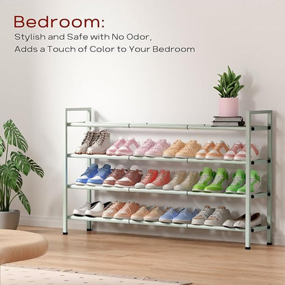 Bumusty 4-Tier Long Expandable Shoe Rack for Closet, 18"-44" Adjustable Shoe Rack for Entryway, 20-24 Pairs Large Shoe Organizer Shelf Storage, Sturdy Metal, Green