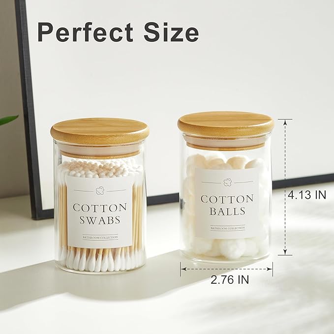 INIUNIK 2 Pack Qtip Holder Dispenser - Glass Apothecary Jars with Lids, Cotton Ball Pad Swab Round Holder, Bamboo Bathroom Accessories, Bathroom Organizers Containers Jars Canisters with Lids