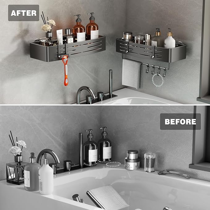 Voldra Adhesive Shower Caddy, 2 Pack Shower Shelves for Inside Shower No Drilling, Aluminum Stick On Showers Organizer with Towel Bar & Hooks Removable Bathroom Shelf Storage Rack(Gray)