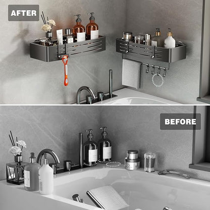Voldra Adhesive Shower Caddy, 2 Pack Shower Shelves for Inside Shower No Drilling, Aluminum Stick On Showers Organizer with Towel Bar & Hooks Removable Bathroom Shelf Storage Rack(Gray)