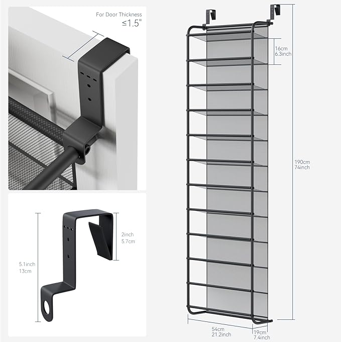 Whitmor 36 Pair Over the Door Shoe Organizer, 12 Tier Hanging Shoe Organizer, Heavy Duty Metal & Mesh Shoe Holder, Hanging Shoe Rack for Closet Storage, 74"L x 21.7"W x 7.5"H, Gunmetal Gray