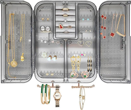 Wall Mounted Jewelry Organizer, No Punching Installation, Hanging Jewelry Organizer Box and Storage Case, Necklace Earring Holder Organizer Wall for Women Teen Girls (Gray Gold)