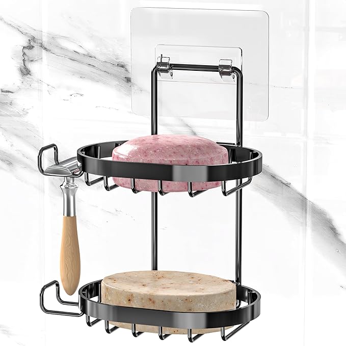 MASADI 2 Tier Soap Dish Holder, Soap Bar Holder with Hooks, Shampoo Bar Caddy for Shower Wall, Razor Holder for Shower, Bar Soap Container 304 Stainless Steel, Bathroom (Black)