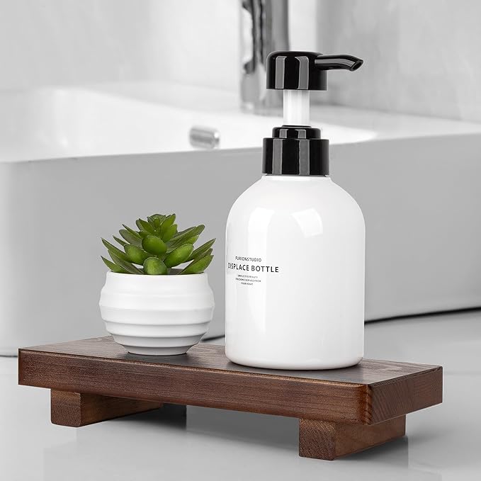 Bathroom Counter Organizer Wood Pedestal Stand Farmhouse Decorative Tray Soap Holder for Kitchen Decor, Small, Walnut