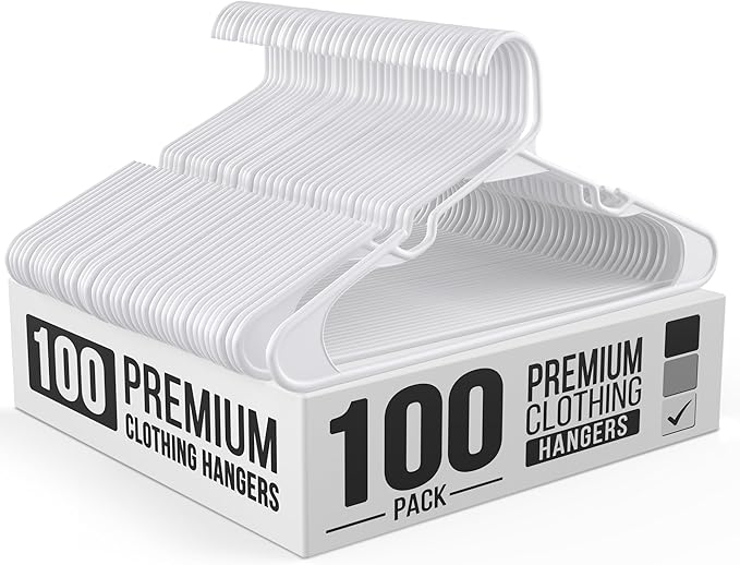 Our Modern Space 100 Pack Adult Plastic Hanger for Shirt Pants Coats Dresses Skirts Suits Jackets - Standard Thick Coat Hanger - Sturdy & Durable Design with Shoulder Grooves Hook - White
