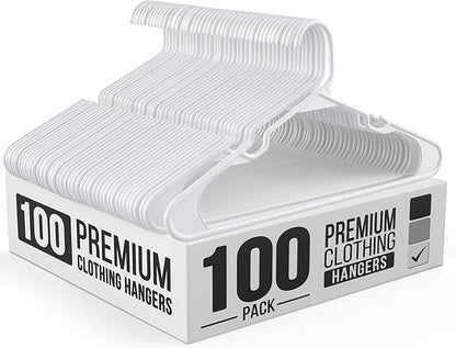Our Modern Space 100 Pack Adult Plastic Hanger for Shirt Pants Coats Dresses Skirts Suits Jackets - Standard Thick Coat Hanger - Sturdy & Durable Design with Shoulder Grooves Hook - White