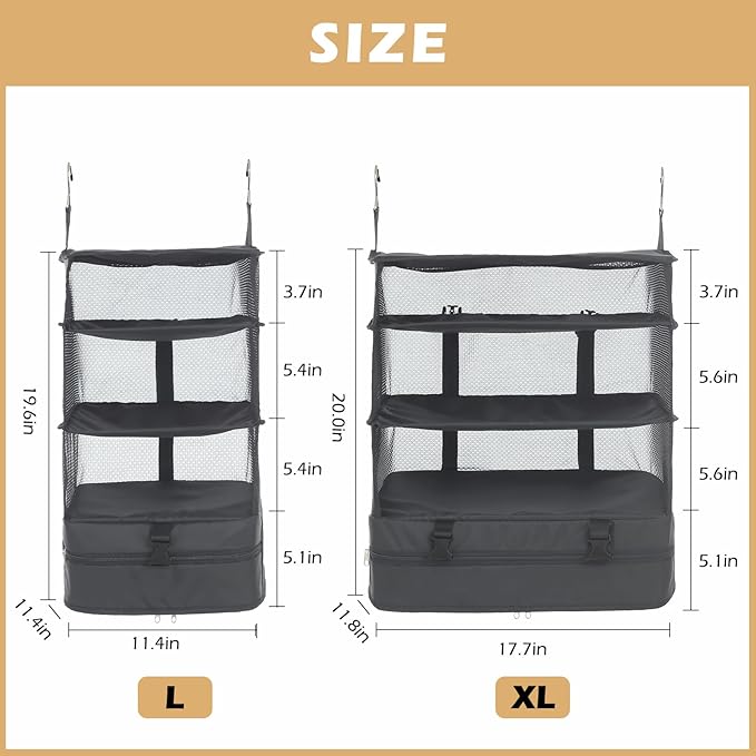 Surblue Hanging Closet Storage Bag Collapsible 3-Shelf Washable Oxford Fabric with 2 Hooks (L 11.41 * 11.41 * 19.68in, Grey)