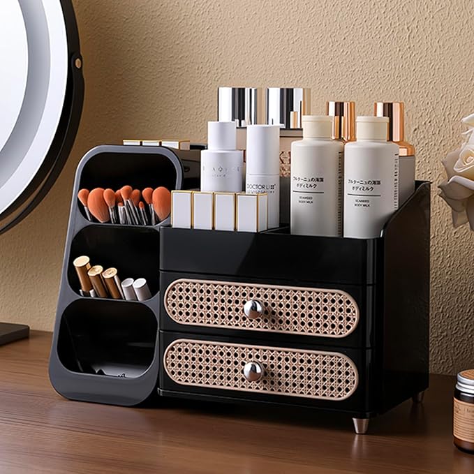 Aveniee Makeup Organizer with Drawers, Large Bathroom Countertop Organizer for Vanity, Desk Cosmetics Storage for Perfume Brushes Skincare Eyeshadow Lotions Lipstick-Black