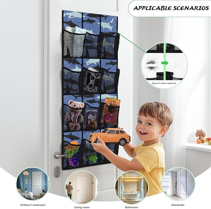 12-Pocket Behind The Door Storage Organizer, Oxford Material Waterproof Foldable and Designed for Bathroom Pantry or Bedroom Use, Blue Black Shark
