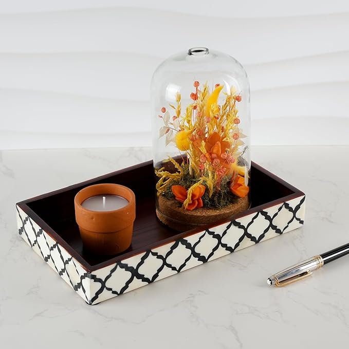 Handicrafts Home 10"x6" Vanity Tray for Bathroom Countertop, Moroccan Bone Inlay Decorative Organizer Tray for Perfume, Jewelry, Cosmetics & Dresser Decor, Rectangular Catchall Tray, Black White