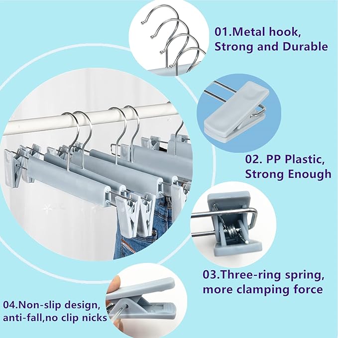 20 Pack Skirt Hangers with Adjustable Anti-Rust Clips for Pants, Skirts, Clothes Hangers, Light Blue