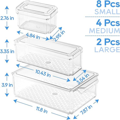 JollyPack 14 Pack Fridge Organizers, Refrigerator Organizer Bins with Lids, BPA Free Stackable Fruit Storage Containers for Fridge, Vegetables, Food and Drinks
