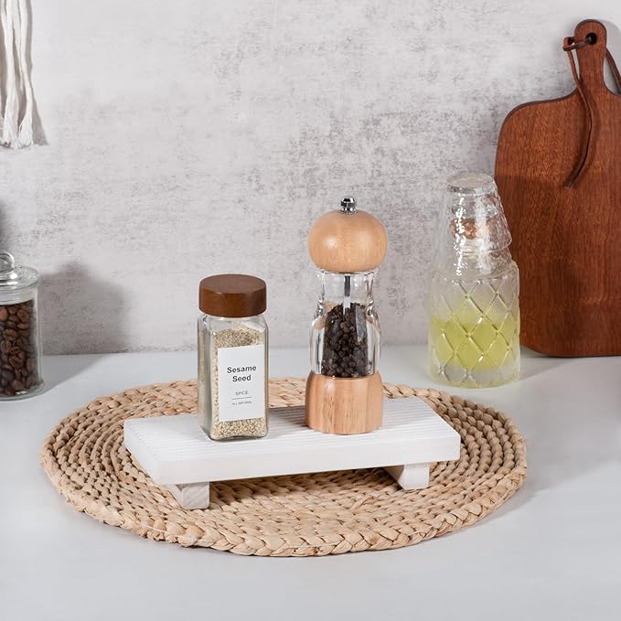 Wooden Tray Pedestal Stand Farmhouse Bathroom Decor Decorative Wooden Riser Kitchen Soap Dish Holder for Vanity, Counter, Sink, 8.7 * 3.6 White