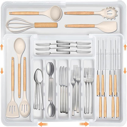 Silverware Organizer Expandable Utensil Drawer Organizer Adjustable Drawer Organizer, Flatware Cutlery Silverware Tray for Spoons Forks Knives Kitchen Organizers Storage (White Plus)