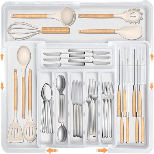 Silverware Organizer Expandable Utensil Drawer Organizer Adjustable Drawer Organizer, Flatware Cutlery Silverware Tray for Spoons Forks Knives Kitchen Organizers Storage (White Plus)