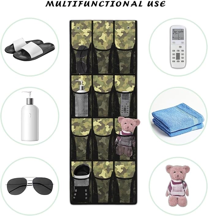 Over the Door Shoe Organizer 12 Large Pockets Green Camouflage Hanging Shoe Organizer for Closet Sturdy Oxford Fabric Door Shoe Organizer