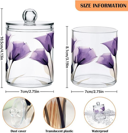 2 Pack Qtip Holder Dispenser for Cotton Ball Purple Tulip Lily Flower Swab Round Pads Clear Plastic Acrylic Jar Set Bathroom Canister