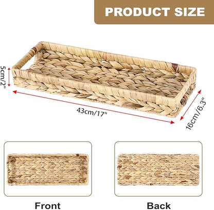 Bathroom Vanity Tray, Water Hyacinth Narrow Counter Tray with Handles, Decorative Woven Organizer Trays for Toilet Tank, Shelves, Farmhouse Hand Towels Basket Holder for Storage (Large)