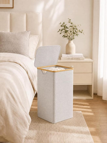 iEGrow 110L Laundry Basket with Lid, Laundry Hamper with Bamboo Handle,Clothes Basket Organizer with Removable Inner Bag for Clothes Towels,Light Grey