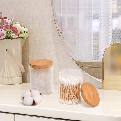 BKYFPQ 2 Pack Glass Qtip Holder Dispenser Set - Apothecary Jars with Lids - Vanity Makeup Organizer and Bathroom Canister Storage Organizer for Cotton Ball, Swab, Round Pads,Floss