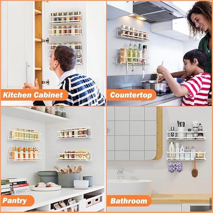Bunoxea Spice Rack wall mounted 2 Pack, Space-Saving Spice Organizer for Spice Jars and Seasonings,Screw or Adhesive Hanging Spice Rack Organizer for Your Kitchen Cabinet,or Pantry Door,White