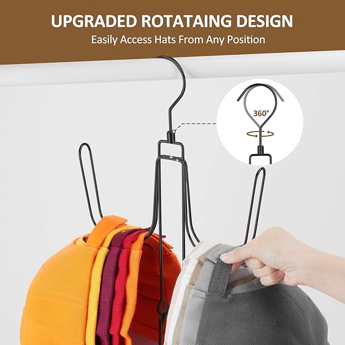 ZEDODIER Hat Hangers for Closet, Rotatable Metal Hat Organizer, Max 40 Storage Capacity, Hat Racks Cap Organizer for Baseball Caps,Spcae Saving Closet Organizers and Storage, Black