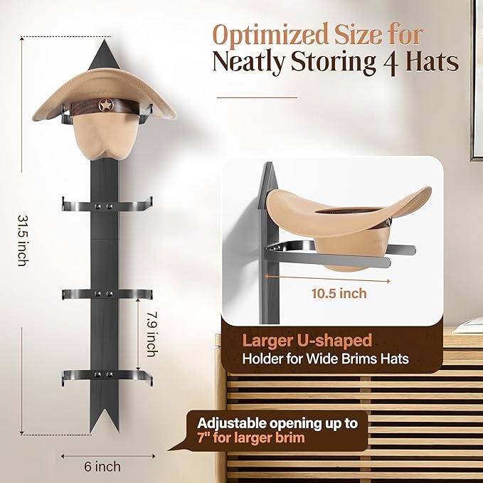 Cowboy Hat Rack for Wall, Cowboy Hat Holder Wall Mount Holds up to 4 Hats, Wooden Western Rustic Metal Hat Hanger with Arrow Sign Board, Hat Organizer for Cowboyhat, Fedora,Sun Hats 2 Pack
