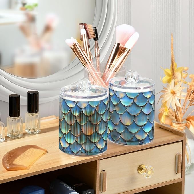 ALAZA 4pcs Blue Mermaid Scale 3D Funny Qtip Holder Dispenser 14 oz Bathroom Storage Clear Apothecary Jars Containers Cotton Ball,Cotton Rounds,Floss Picks, Hair Clips, Food