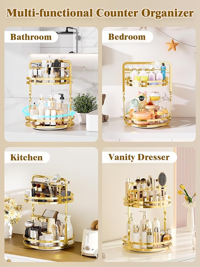 360 Rotating Makeup Organizer Vanity, Gold Perfume Organizer for Dresser, 2 Tier Bathroom Organizer Countertop, Lazy Susan Spinning Perfume Stand for Women, Skincare Storage with Brush Holder