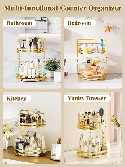 360 Rotating Makeup Organizer Vanity, Gold Perfume Organizer for Dresser, 2 Tier Bathroom Organizer Countertop, Lazy Susan Spinning Perfume Stand for Women, Skincare Storage with Brush Holder
