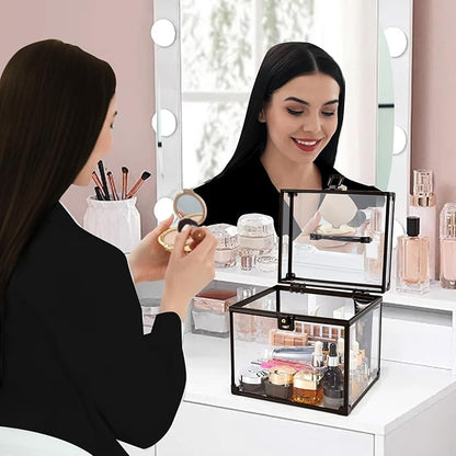 Costravio Clear Makeup Case Crown Box Toiletry Organizer Case Transparent Train Case with Latches Travel Artists Display Case for Vanity Bathroom Counter Dresser Craft Toys Case Makeup Tools Box