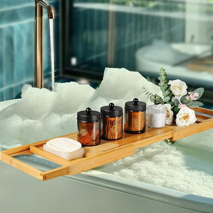 Amolliar Amber Glass Qtip Holder, Apothecary Jars with Matte Black Metal Lid & Stickers-Bathroom Qtip Dispenser Storage Organizer Set,Vanity Counter Canister for Cotton Swabs,Round Pads,Floss (4 Pack)