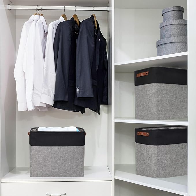 Bagnizer Large Fabric Storage Baskets | 50L Storage Bins, Decorative Linen Closet Baskets with Handles for Organizing, Shelf, Toys, Clothes, Home, Office, Nursery, 17x12x15Inches (Gray&Black)