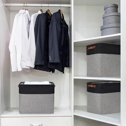 Bagnizer Large Fabric Storage Baskets | 50L Storage Bins, Decorative Linen Closet Baskets with Handles for Organizing, Shelf, Toys, Clothes, Home, Office, Nursery, 17x12x15Inches (Gray&Black)