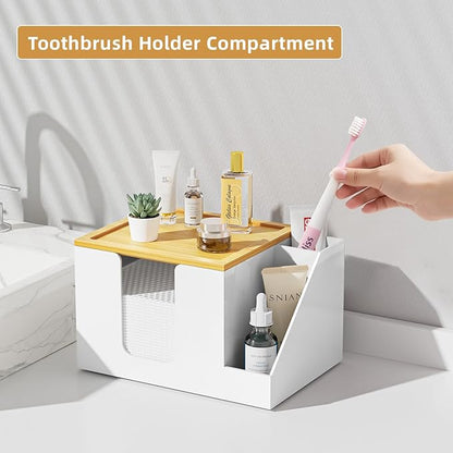VITVITI Disposable Face Towel Holder Box, Acrylic Clean Skin Club Facial Towel Container with Toothbrush Holders, Large Disposable Face Towels Storage for Bathroom Vanity Makeup, White