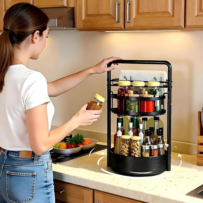 JEESA Rotating Spice Rack with Paper Towel Holder, 2 Tier Lazy Susan for Spices, Sturdy Iron Seasoning Organizer for Kitchen Countertop, Black