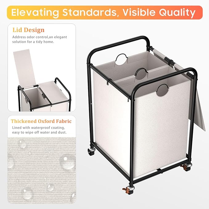 120L (31.7 Gal) Laundry Sorter 2 Section, Rolling Laundry Basket with Lockable Wheels and Lid, Laundry Hamper with 2 Separated Removable Bags Dirty Clothes Hamper for Laundry Room Organizer, White