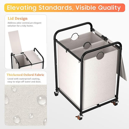 120L (31.7 Gal) Laundry Sorter 2 Section, Rolling Laundry Basket with Lockable Wheels and Lid, Laundry Hamper with 2 Separated Removable Bags Dirty Clothes Hamper for Laundry Room Organizer, White