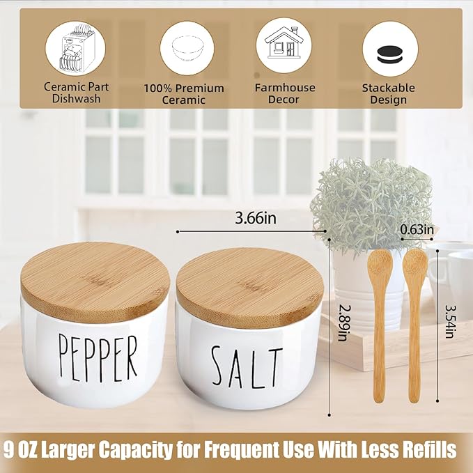 Farmhouse Salt And Pepper Bowls, Stacked Ceramic Salt Cellar With Bamboo Lid, Salt Container With Lid And Spoon, Modern Farmhouse Kitchen Decor, Salt Box