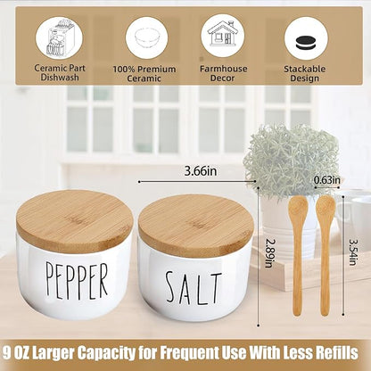 Farmhouse Salt And Pepper Bowls, Stacked Ceramic Salt Cellar With Bamboo Lid, Salt Container With Lid And Spoon, Modern Farmhouse Kitchen Decor, Salt Box