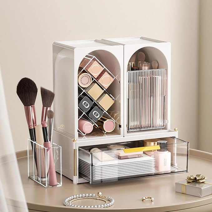 INVSSENE Stackable Makeup Organizer Countertop, Storage Perfume Skincare Cosmetic Lipstick Face Mask Makeup Brush Palettes, Ideal for Vanity Bathroom Counter