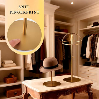 Hat Display Stand 2PCS Stainless Steel Brushed Nickel Titanium Hat Stand Metal Golden Adjustable Height Cap Rack Showcase Fingerprint Resistant for Home Boutique Retail Store