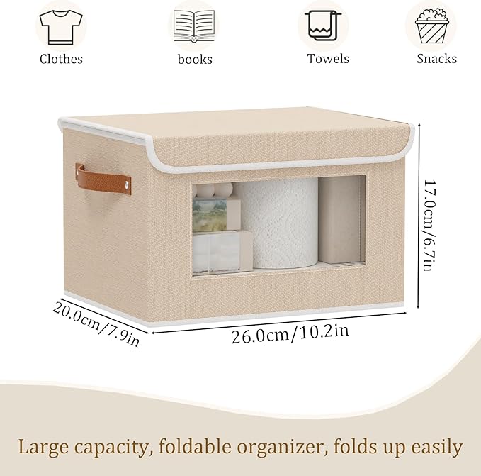 Storage Basket with Lid, Decorative Linen Storage Box, 10.2 x 7.8 x 6.7 Inch Closet Organizer for Shelves with Handles, Beige, 1-Pack