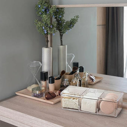 Square Qtip Holder Dispenser, 3 Compartments Cotton Ball Holder, Bathroom Canisters for Cotton Swab, Ball, Cottons Pad Organizer, Clear Acrylic Containers with Lid for Bathroom Vanity Countertop
